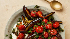 AUBERGINE AND TOMATO SALAD WITH CRISPY OREGANO AND CREAMY FETA