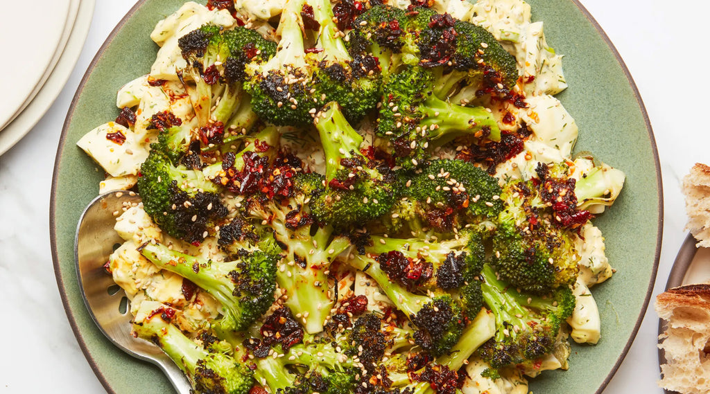 EGG SALAD WITH ROASTED BROCCOLI AND CHILI CRISP